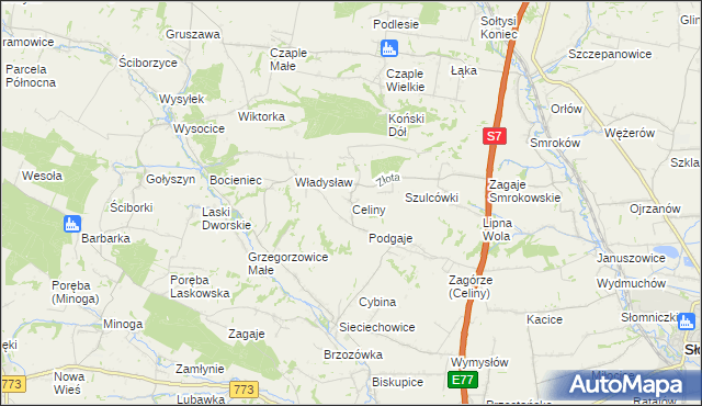 mapa Celiny gmina Iwanowice, Celiny gmina Iwanowice na mapie Targeo