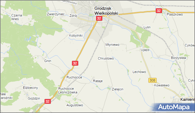 mapa Chrustowo gmina Grodzisk Wielkopolski, Chrustowo gmina Grodzisk Wielkopolski na mapie Targeo