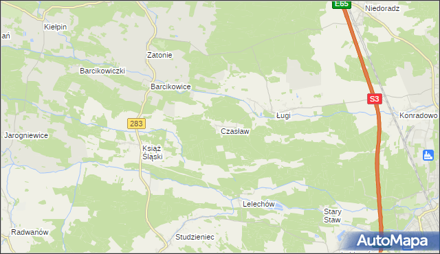 mapa Czasław gmina Otyń, Czasław gmina Otyń na mapie Targeo