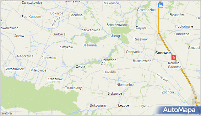 mapa Czerwona Góra gmina Sadowie, Czerwona Góra gmina Sadowie na mapie Targeo