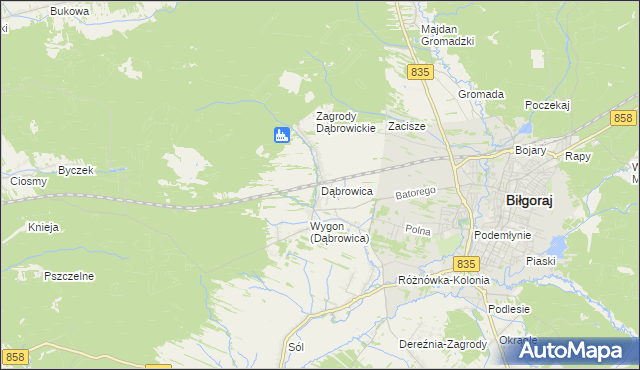 mapa Dąbrowica gmina Biłgoraj, Dąbrowica gmina Biłgoraj na mapie Targeo