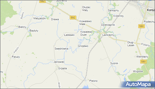 mapa Gnojewo gmina Korsze, Gnojewo gmina Korsze na mapie Targeo