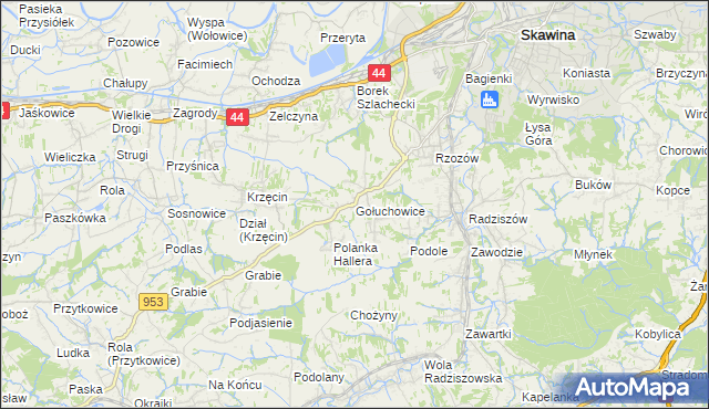 mapa Gołuchowice gmina Skawina, Gołuchowice gmina Skawina na mapie Targeo