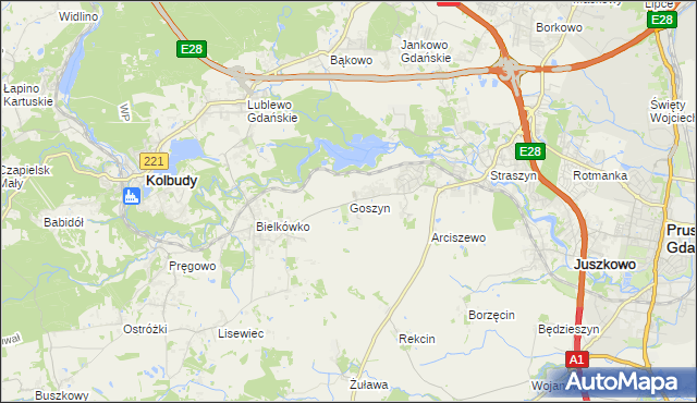 mapa Goszyn gmina Pruszcz Gdański, Goszyn gmina Pruszcz Gdański na mapie Targeo