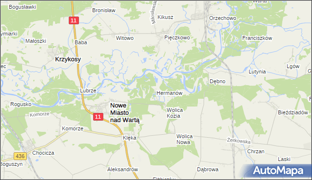 mapa Hermanów gmina Nowe Miasto nad Wartą, Hermanów gmina Nowe Miasto nad Wartą na mapie Targeo