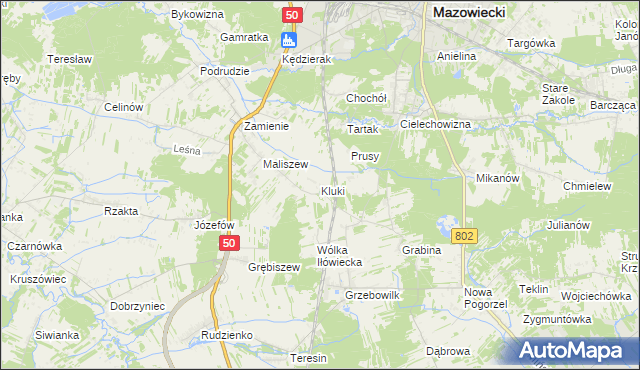 mapa Kluki gmina Mińsk Mazowiecki, Kluki gmina Mińsk Mazowiecki na mapie Targeo