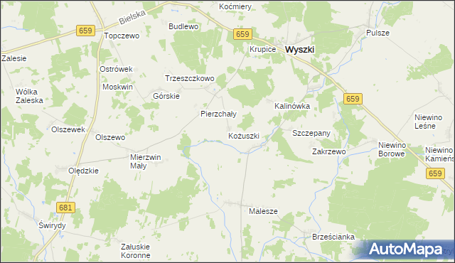 mapa Kożuszki gmina Wyszki, Kożuszki gmina Wyszki na mapie Targeo