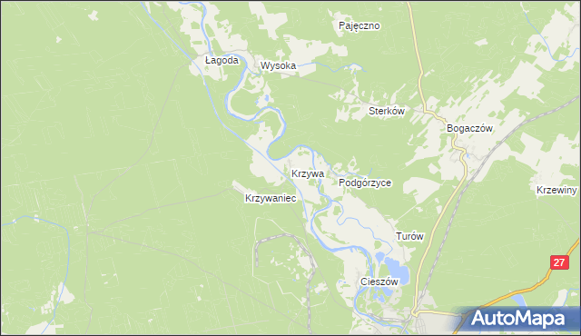 mapa Krzywa gmina Nowogród Bobrzański, Krzywa gmina Nowogród Bobrzański na mapie Targeo