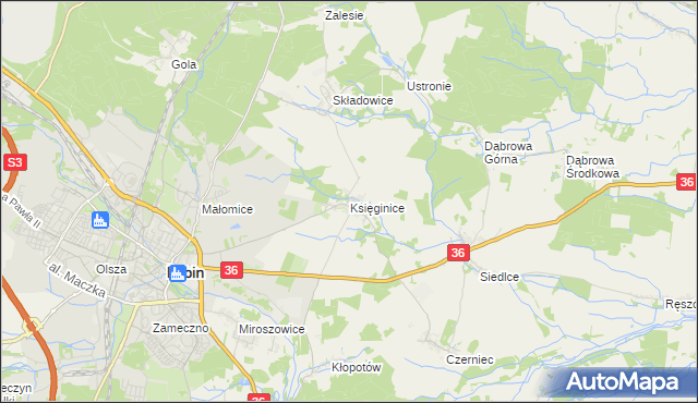 mapa Księginice gmina Lubin, Księginice gmina Lubin na mapie Targeo