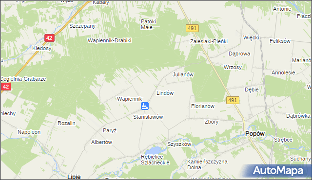 mapa Lindów gmina Lipie, Lindów gmina Lipie na mapie Targeo