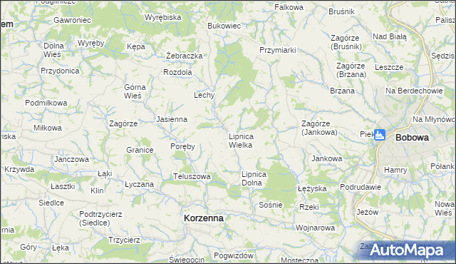 mapa Lipnica Wielka gmina Korzenna, Lipnica Wielka gmina Korzenna na mapie Targeo