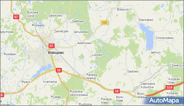 mapa Lipowo gmina Biskupiec, Lipowo gmina Biskupiec na mapie Targeo