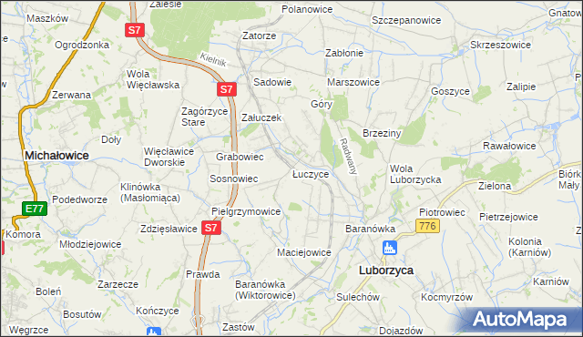 mapa Łuczyce gmina Kocmyrzów-Luborzyca, Łuczyce gmina Kocmyrzów-Luborzyca na mapie Targeo