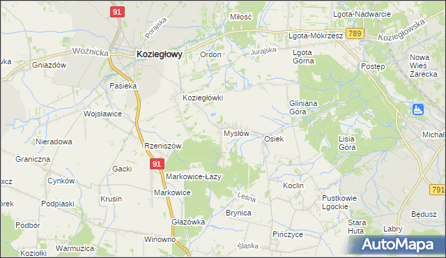 mapa Mysłów gmina Koziegłowy, Mysłów gmina Koziegłowy na mapie Targeo