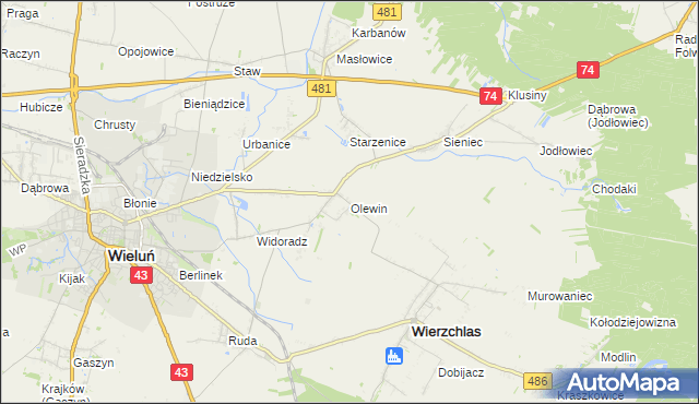 mapa Olewin gmina Wieluń, Olewin gmina Wieluń na mapie Targeo