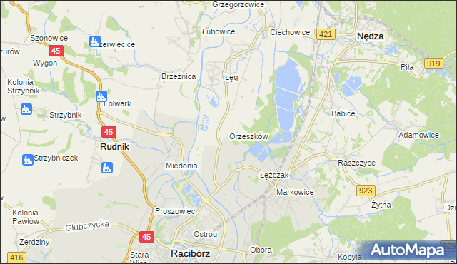 mapa Orzeszków gmina Nędza, Orzeszków gmina Nędza na mapie Targeo