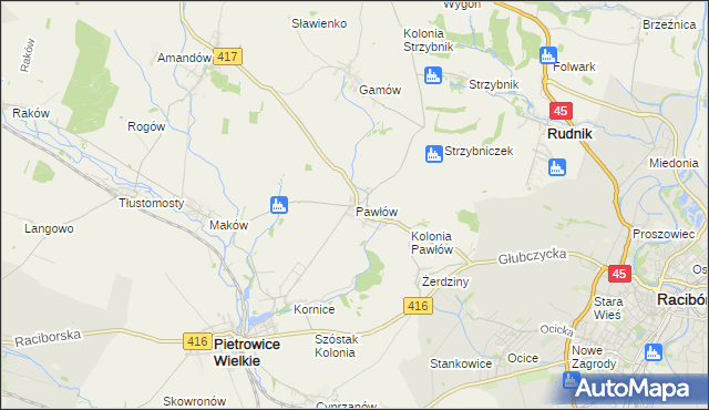 mapa Pawłów gmina Pietrowice Wielkie, Pawłów gmina Pietrowice Wielkie na mapie Targeo