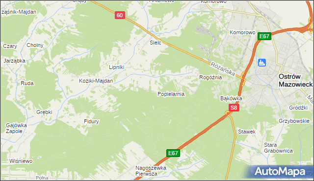 mapa Popielarnia gmina Ostrów Mazowiecka, Popielarnia gmina Ostrów Mazowiecka na mapie Targeo