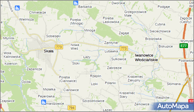 mapa Przybysławice gmina Skała, Przybysławice gmina Skała na mapie Targeo