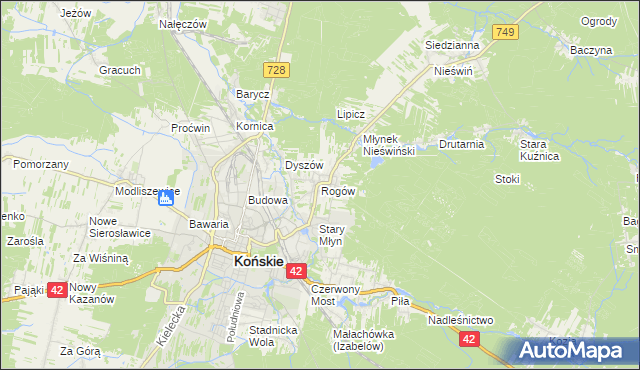 mapa Rogów gmina Końskie, Rogów gmina Końskie na mapie Targeo