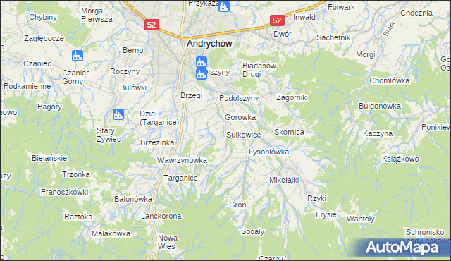 mapa Sułkowice gmina Andrychów, Sułkowice gmina Andrychów na mapie Targeo