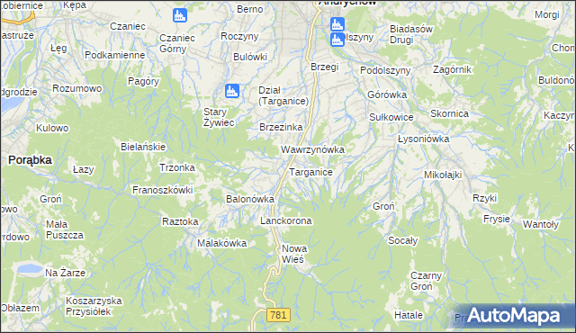 mapa Targanice, Targanice na mapie Targeo