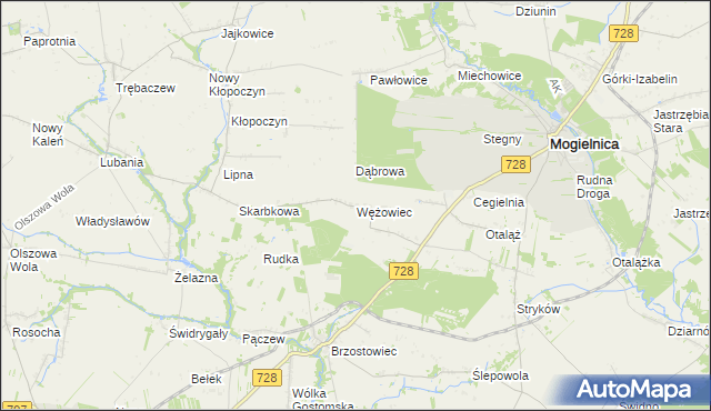 mapa Wężowiec gmina Mogielnica, Wężowiec gmina Mogielnica na mapie Targeo