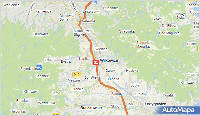 mapa Wilkowice powiat bielski, Wilkowice powiat bielski na mapie Targeo