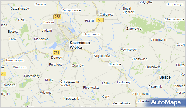 mapa Wojciechów gmina Kazimierza Wielka, Wojciechów gmina Kazimierza Wielka na mapie Targeo