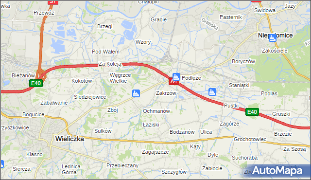 mapa Zakrzów gmina Niepołomice, Zakrzów gmina Niepołomice na mapie Targeo