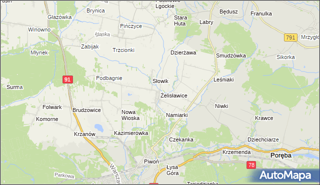 mapa Żelisławice gmina Siewierz, Żelisławice gmina Siewierz na mapie Targeo