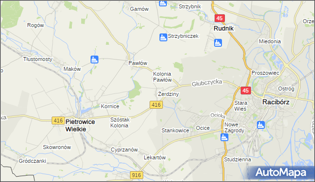 mapa Żerdziny gmina Pietrowice Wielkie, Żerdziny gmina Pietrowice Wielkie na mapie Targeo