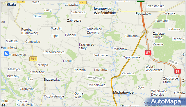 mapa Żerkowice gmina Iwanowice, Żerkowice gmina Iwanowice na mapie Targeo