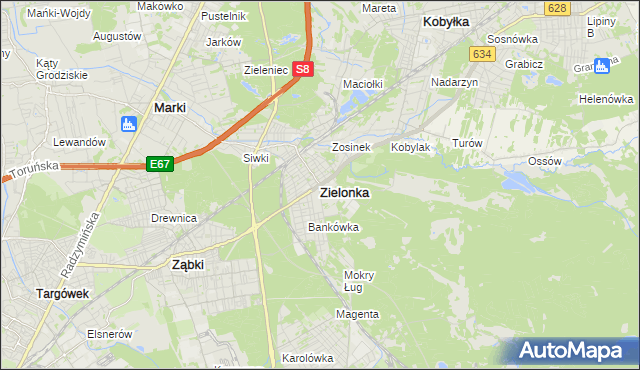 mapa Zielonka powiat wołomiński, Zielonka powiat wołomiński na mapie Targeo