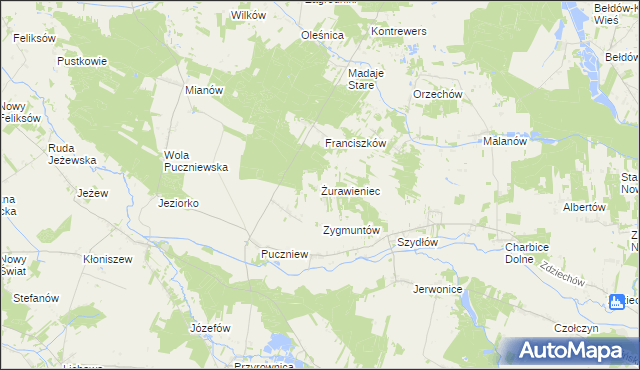 mapa Żurawieniec gmina Lutomiersk, Żurawieniec gmina Lutomiersk na mapie Targeo