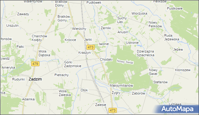 mapa Chodaki gmina Zadzim, Chodaki gmina Zadzim na mapie Targeo