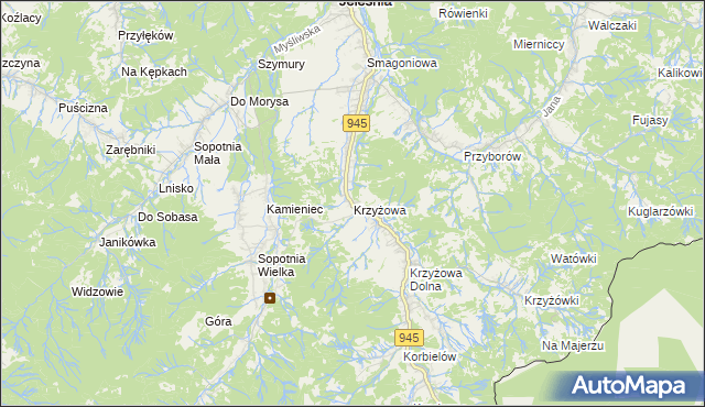 mapa Krzyżowa gmina Jeleśnia, Krzyżowa gmina Jeleśnia na mapie Targeo
