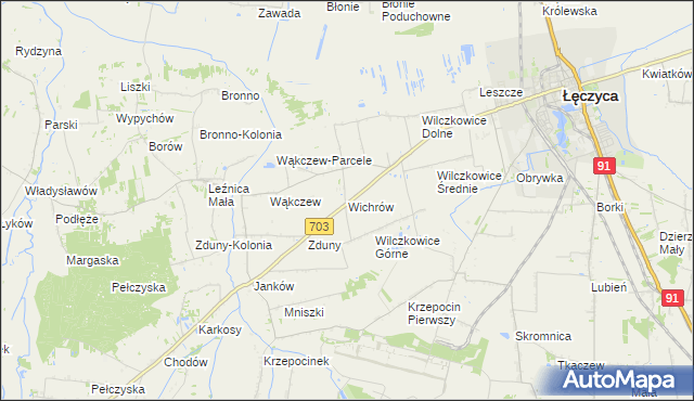mapa Wichrów gmina Łęczyca, Wichrów gmina Łęczyca na mapie Targeo
