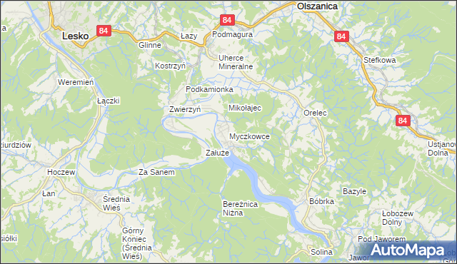 mapa Myczkowce, Myczkowce na mapie Targeo