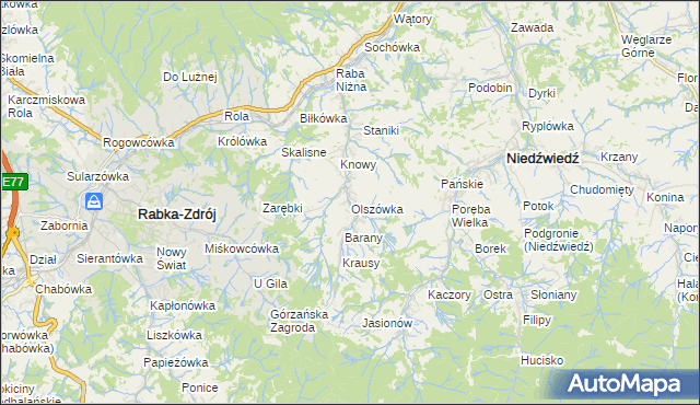 mapa Olszówka gmina Mszana Dolna, Olszówka gmina Mszana Dolna na mapie Targeo