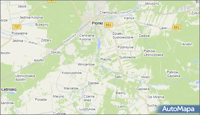 mapa Płachty gmina Pionki, Płachty gmina Pionki na mapie Targeo