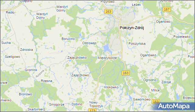 mapa Międzyborze gmina Połczyn-Zdrój, Międzyborze gmina Połczyn-Zdrój na mapie Targeo