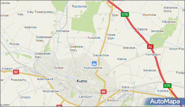 mapa Sieciechów gmina Kutno, Sieciechów gmina Kutno na mapie Targeo