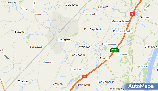 mapa Wałdowo gmina Pruszcz, Wałdowo gmina Pruszcz na mapie Targeo