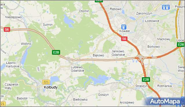 mapa Bąkowo gmina Kolbudy, Bąkowo gmina Kolbudy na mapie Targeo