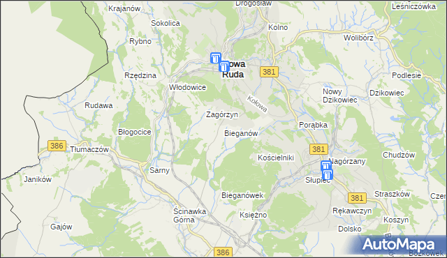 mapa Bieganów gmina Nowa Ruda, Bieganów gmina Nowa Ruda na mapie Targeo