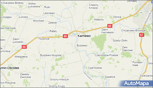 mapa Byszewo gmina Karniewo, Byszewo gmina Karniewo na mapie Targeo