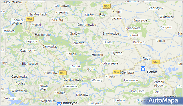 mapa Hucisko gmina Gdów, Hucisko gmina Gdów na mapie Targeo