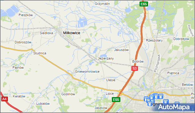 mapa Jezierzany gmina Miłkowice, Jezierzany gmina Miłkowice na mapie Targeo