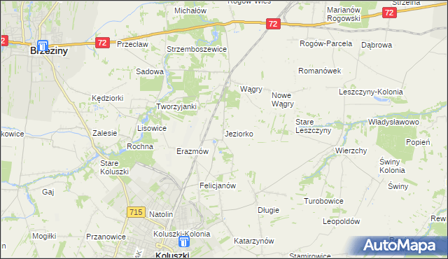mapa Jeziorko gmina Koluszki, Jeziorko gmina Koluszki na mapie Targeo